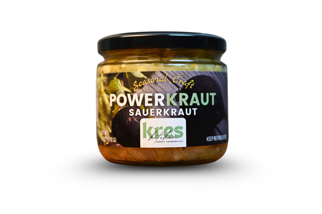 Kres Kitchen PowerKraut Sauerkraut, full jar with label.