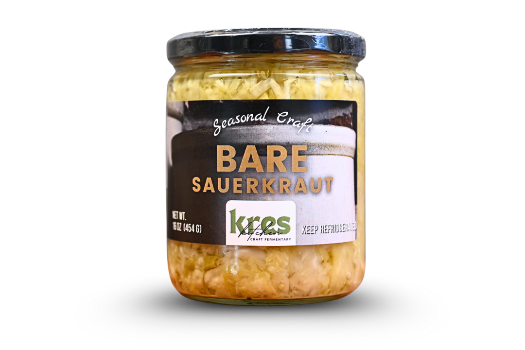 Kres Kitchen Bare Sauerkraut, full jar with label.