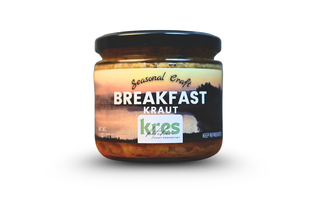 Kres Kitchen Breakfast Sauerkraut, full jar with label.