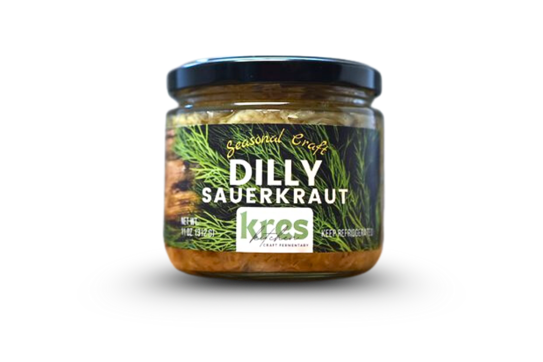 Kres Kitchen Dilly Sauerkraut, full jar with label.