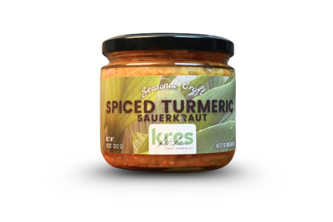 Kres Kitchen Spiced Turmeric Sauerkraut, full jar with label.