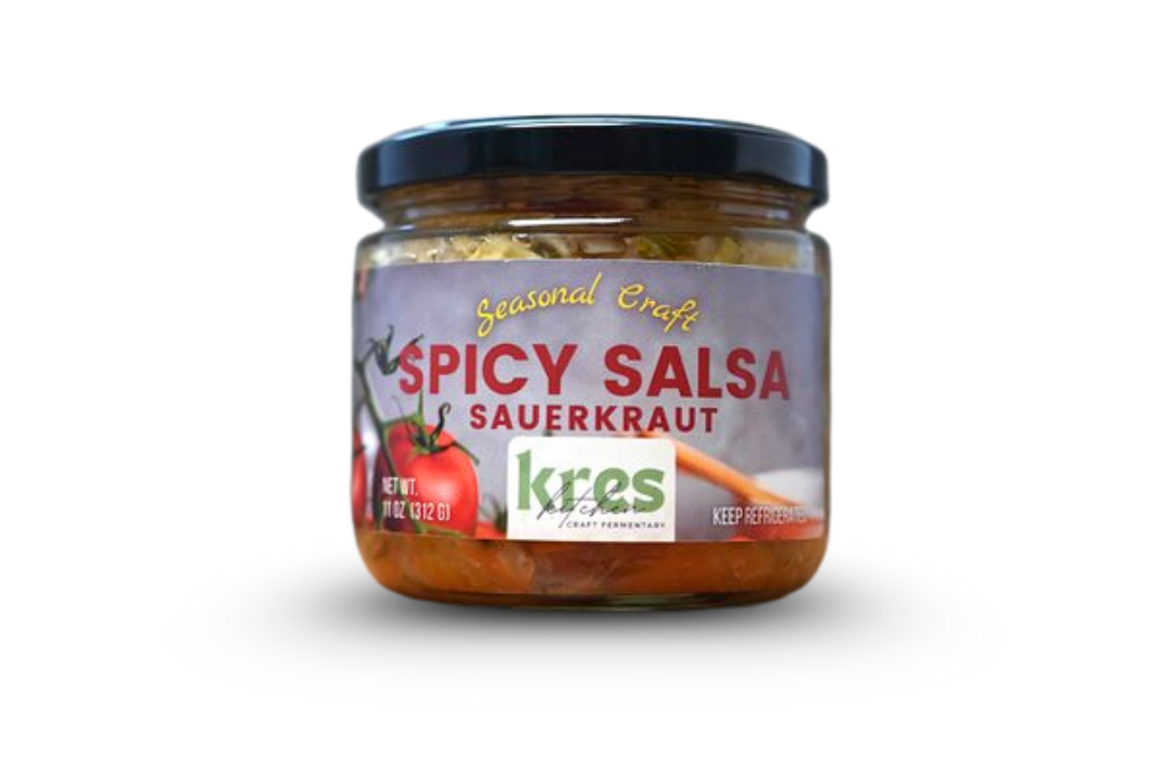 Kres Kitchen Spicy Salsa Sauerkraut, full jar with label.