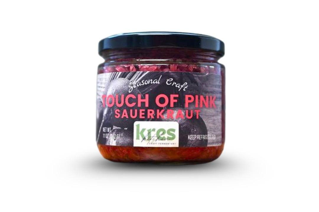 Kres Kitchen Touch of Pink Sauerkraut, full jar with label.