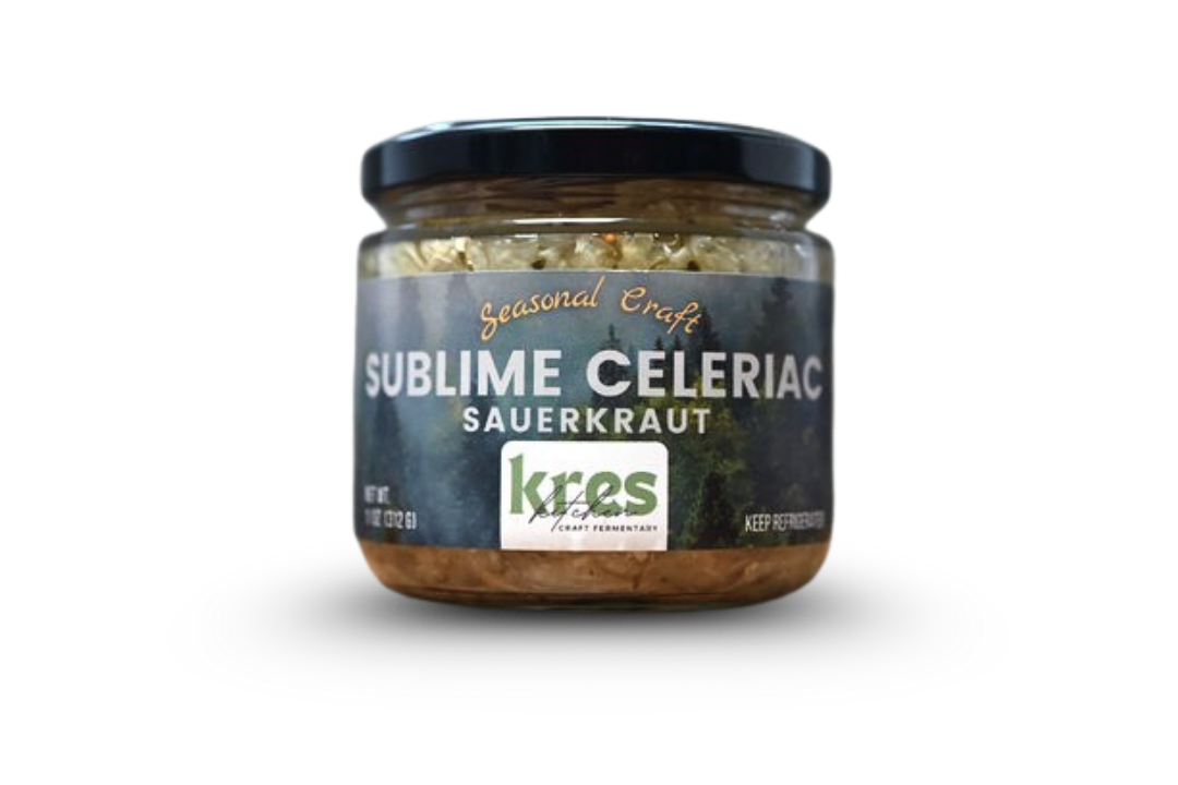 Kres Kitchen Sublime Celeriac Sauerkraut, full jar with label.