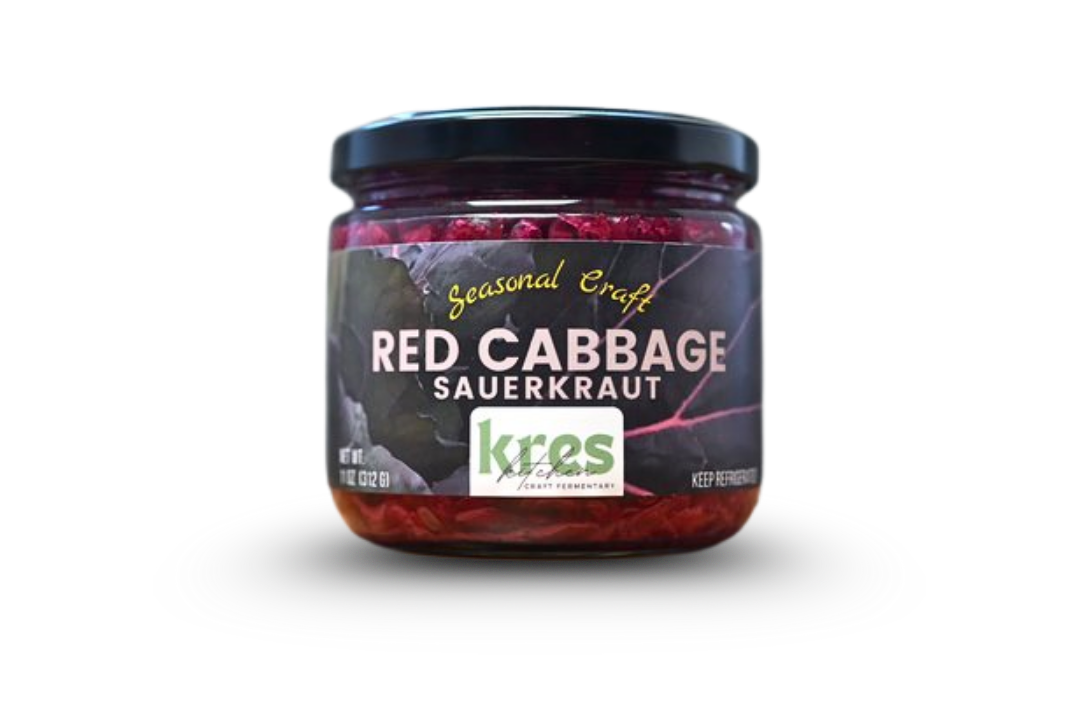 Kres Kitchen Red Cabbage Sauerkraut, full jar with label.