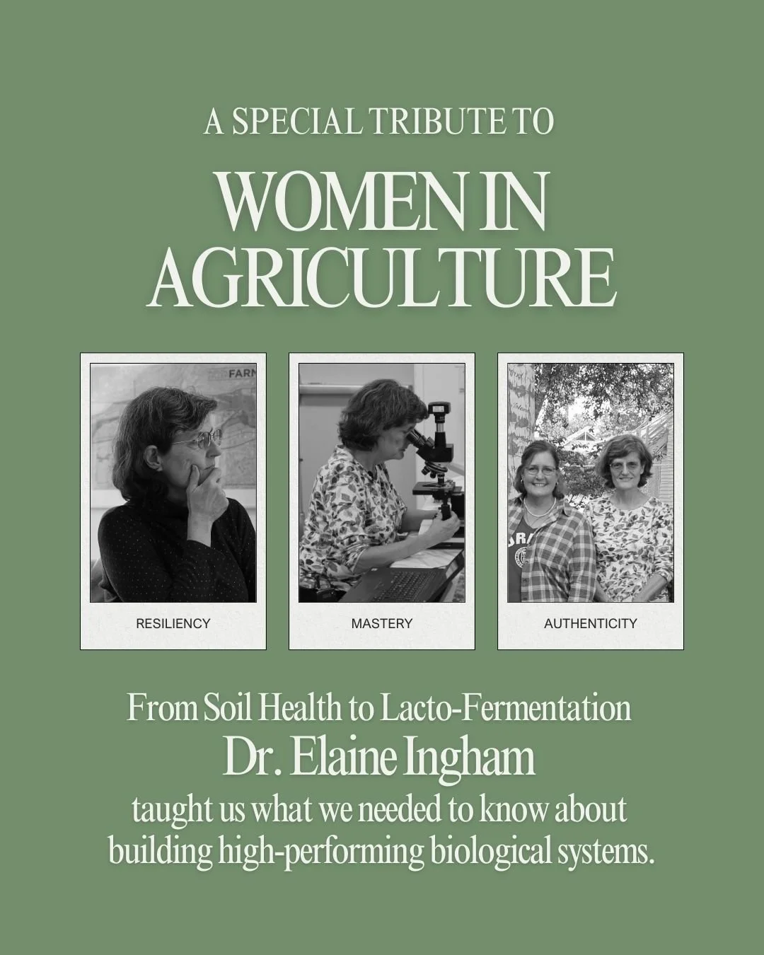 Two pictures of soil microbiologist Dr Elaine Ingham  and one with Dr Elaine Ingham and Kres Kitchen's KKresevic. A special tribute to women in agriculture. From soil health to lactofermentation, Dr Elaine Ingham taught us high-performing soils.