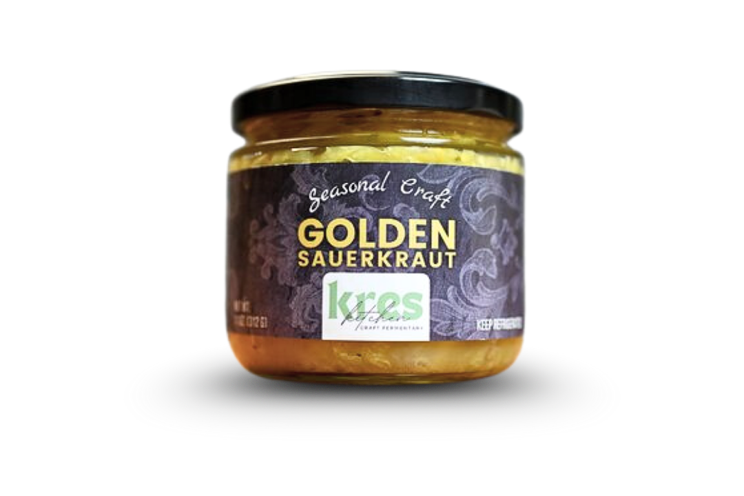Kres Kitchen Golden Turmeric Sauerkraut, full jar with label.