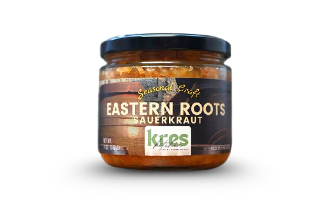 Kres Kitchen Eastern Roots Sauerkraut, full jar with label.