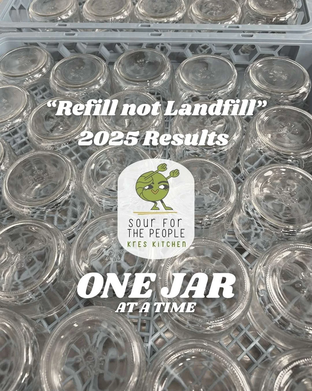 A tray of glass jars just re-sanitized as part of Kres Kitchen's "Refill not Landfill" community-supported glass recovery and reuse program - 2025 sustainability results with Cabby highlighting these outcomes.