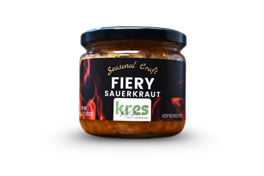 Kres Kitchen Fiery Sauerkraut, full jar with label.