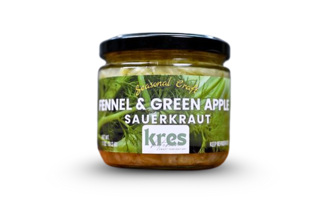 Kres Kitchen Fennel and Green Apple Sauerkraut, full jar with label.