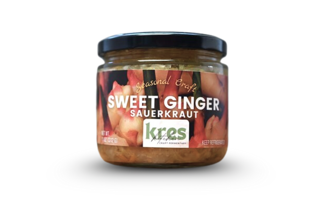 Kres Kitchen Sweet Ginger Sauerkraut, full jar with label.