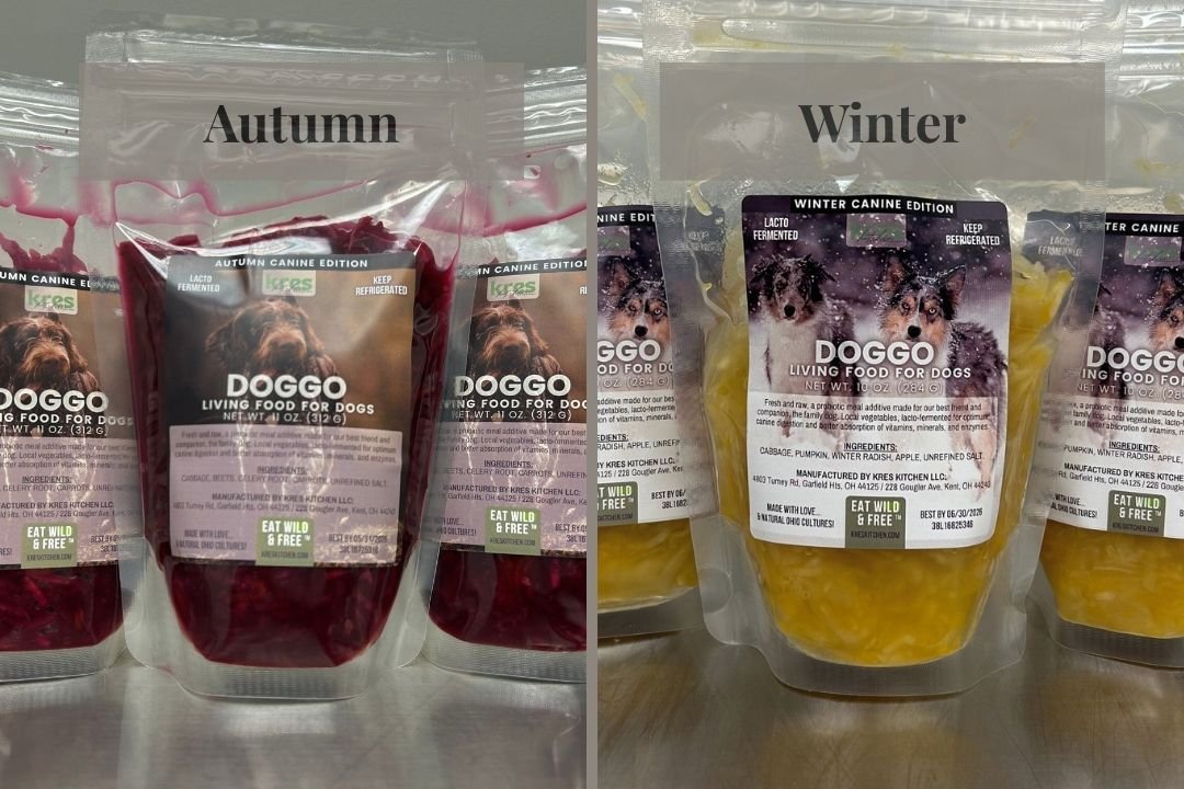 Left side shows a labeled Kres Kitchen product "DOGGO" with fermented contents that are red in color. Right side shows a similar pouch of golden contents. Both labels feature dogs with written information about the product (unreadable).