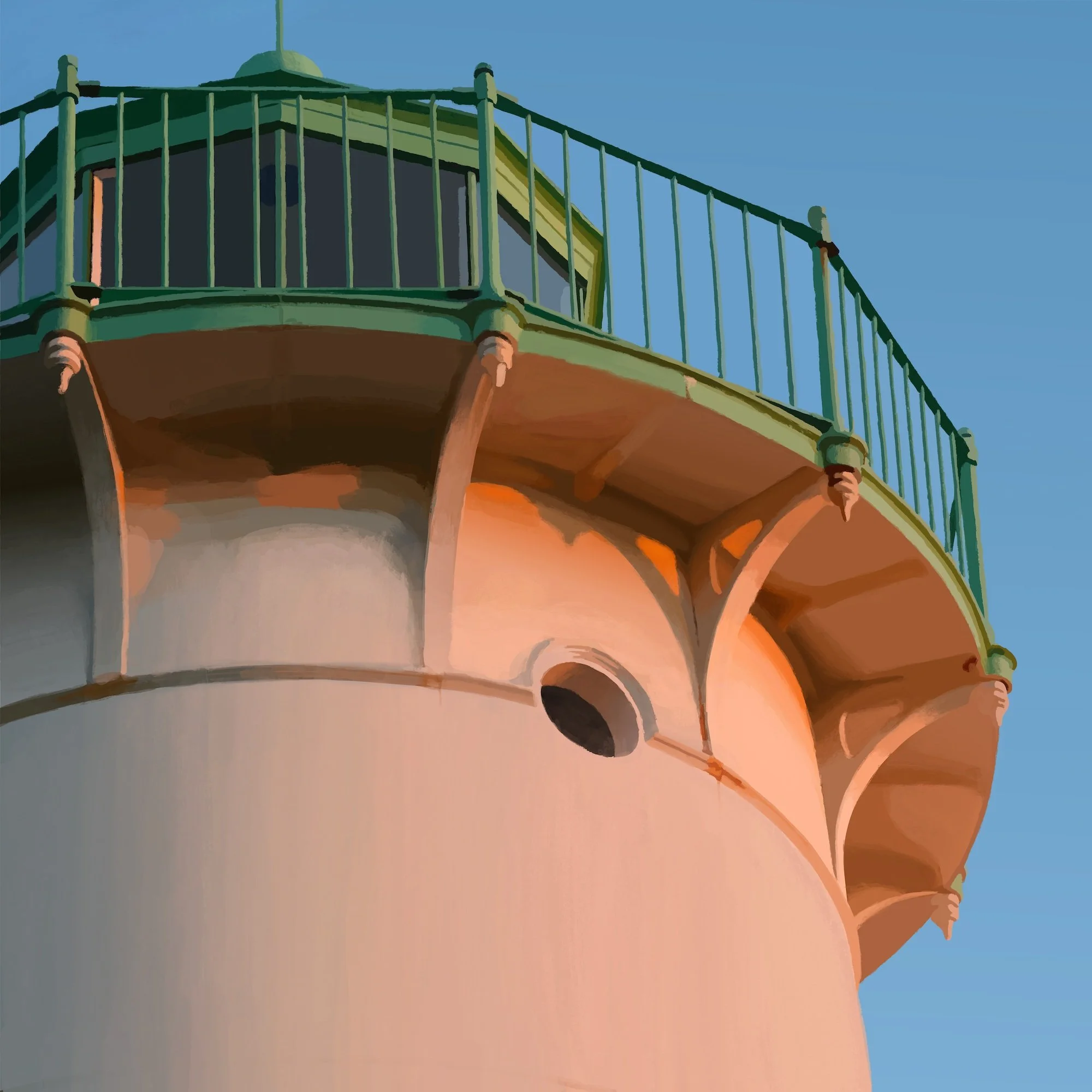 Another iPad drawing. This lighthouse is just under a mile from the studio. I was able catch the sunrise as the light hit the painted iron corbels of the deck. 

&ldquo;Little River Light&rdquo;
2026
Mixed digital media
Archival pigment print on pape