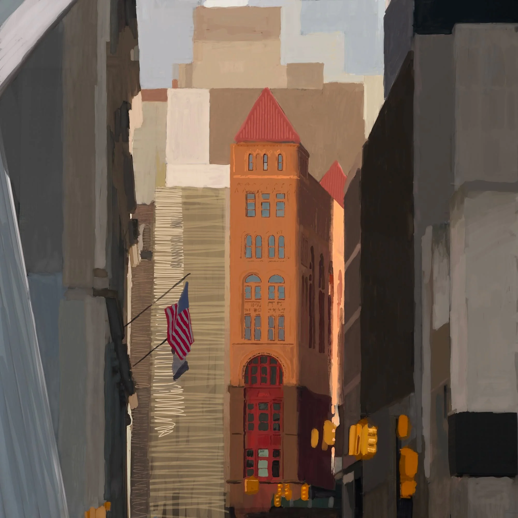 So this is a different subject. Last time I was down in Manhattan in the canyons of Wall Street I got this view looking down Dey Street from the Oculus. This building down at the end looks like it's made of brownstone and stuck out with its warm colo