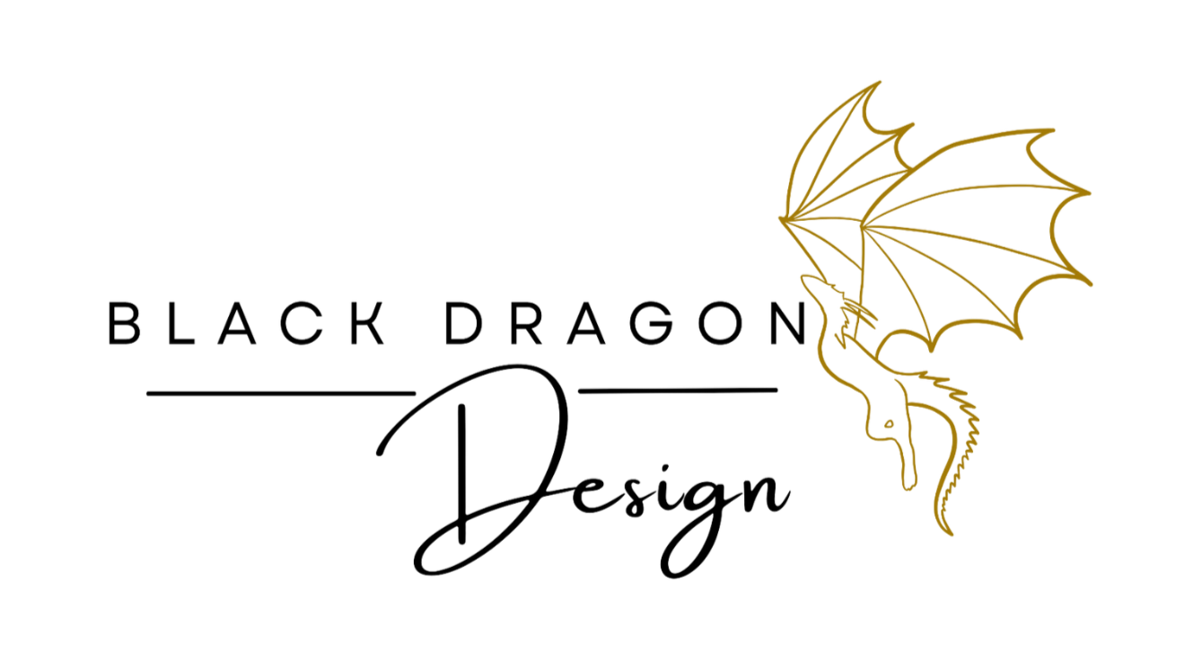 Logo with the words 'Black Dragon Design' and a gold dragon with bat-like wings.