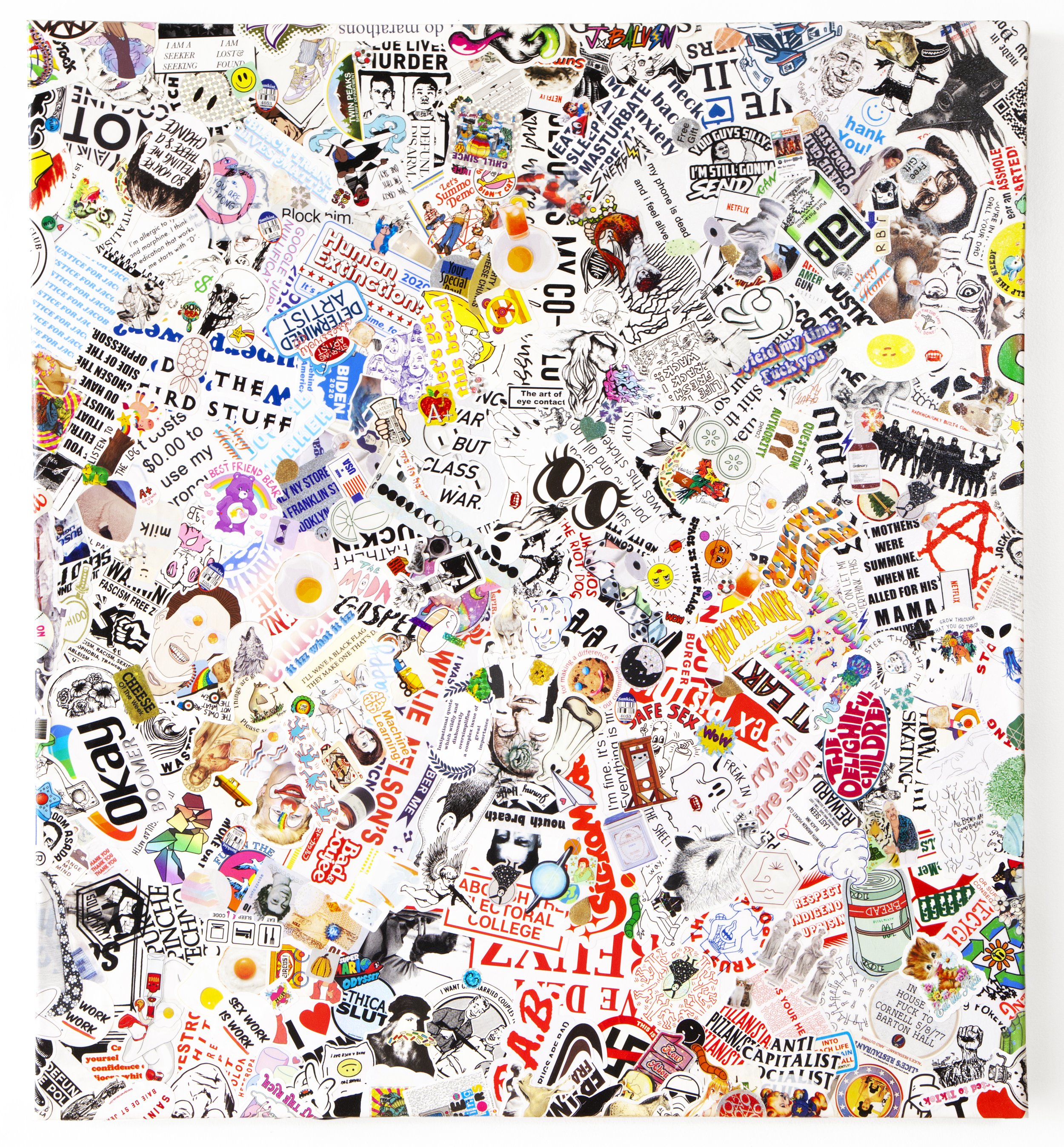 october 21 2020, stickers, uv polycote, acrylic liquid polymer on canvas, 29 × 33 in