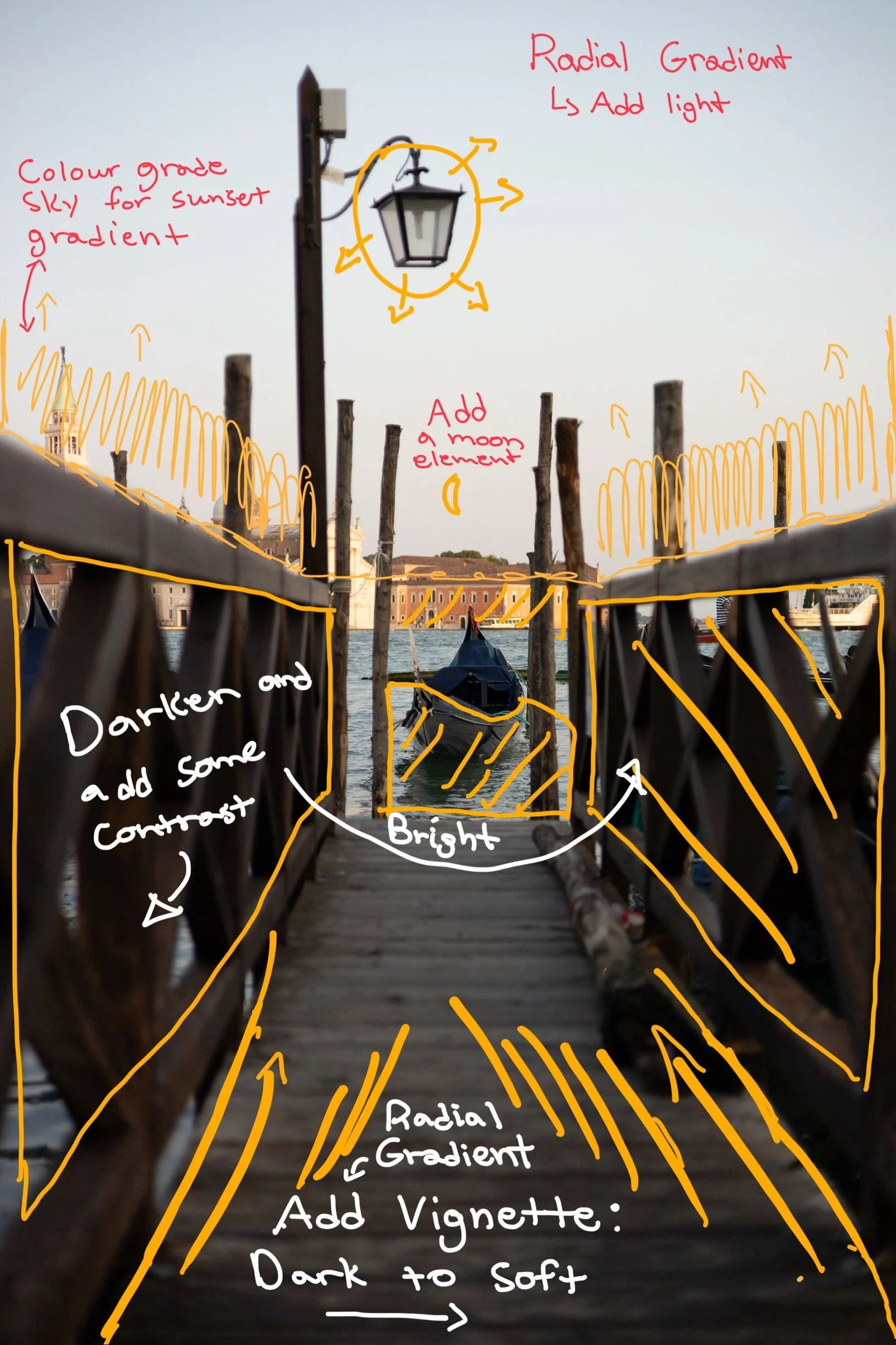 These were the ideas for the edit. The direction was to darken the foreground and add emphasis on the evening light in the sky and on the gondola.