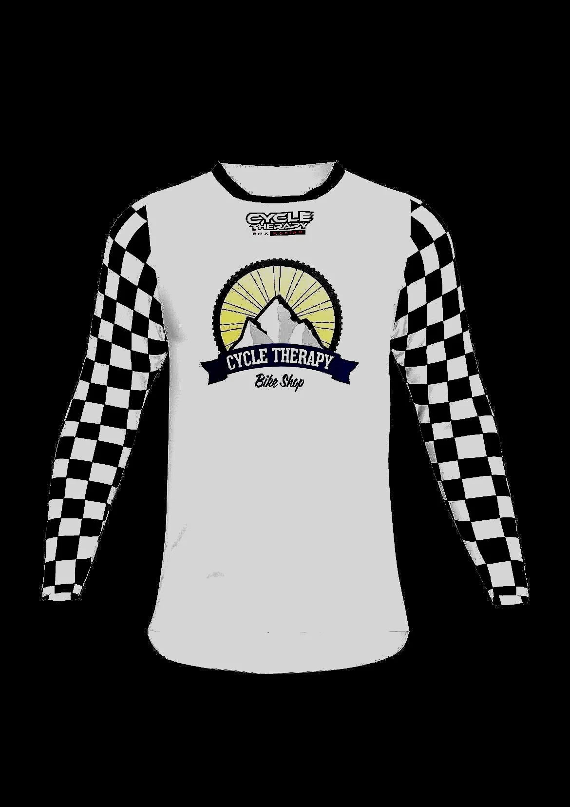 Long-sleeve cycling jersey with checkered sleeves and a logo for Cycle Therapy bike shop featuring mountain peaks and a sun.