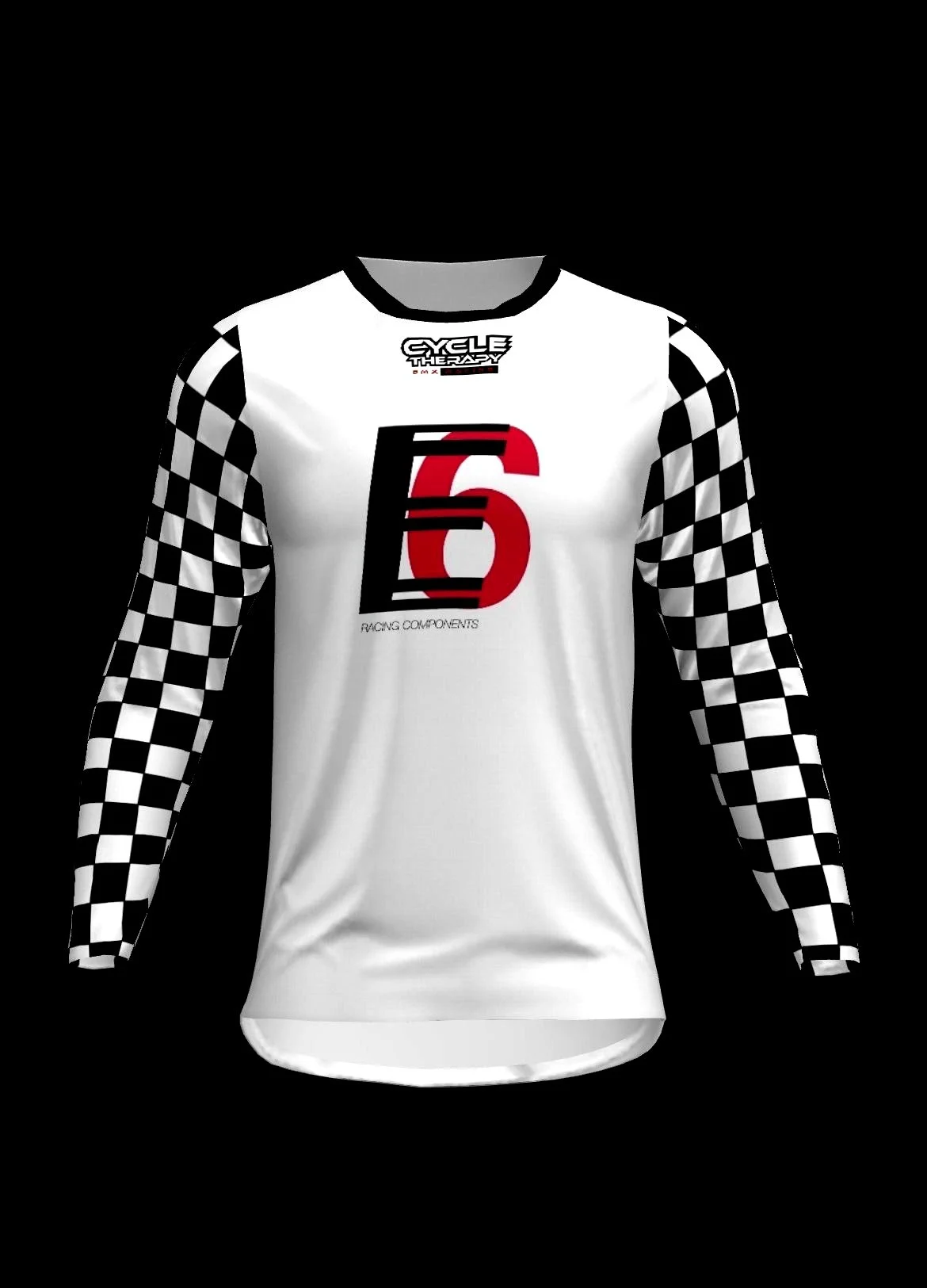 White racing jersey with black and white checkered sleeves, large black and red number 5 on the front, and logos for Cycle Therapy and Racing Components.