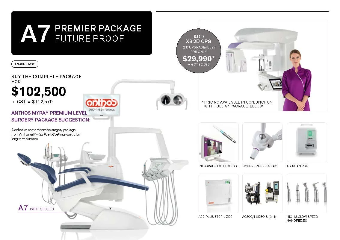 Promotional flyer for A7 Premier Package dental equipment with pricing and features, including a dental chair, integrated multimedia, x-ray system, sterilizer, and handpieces.