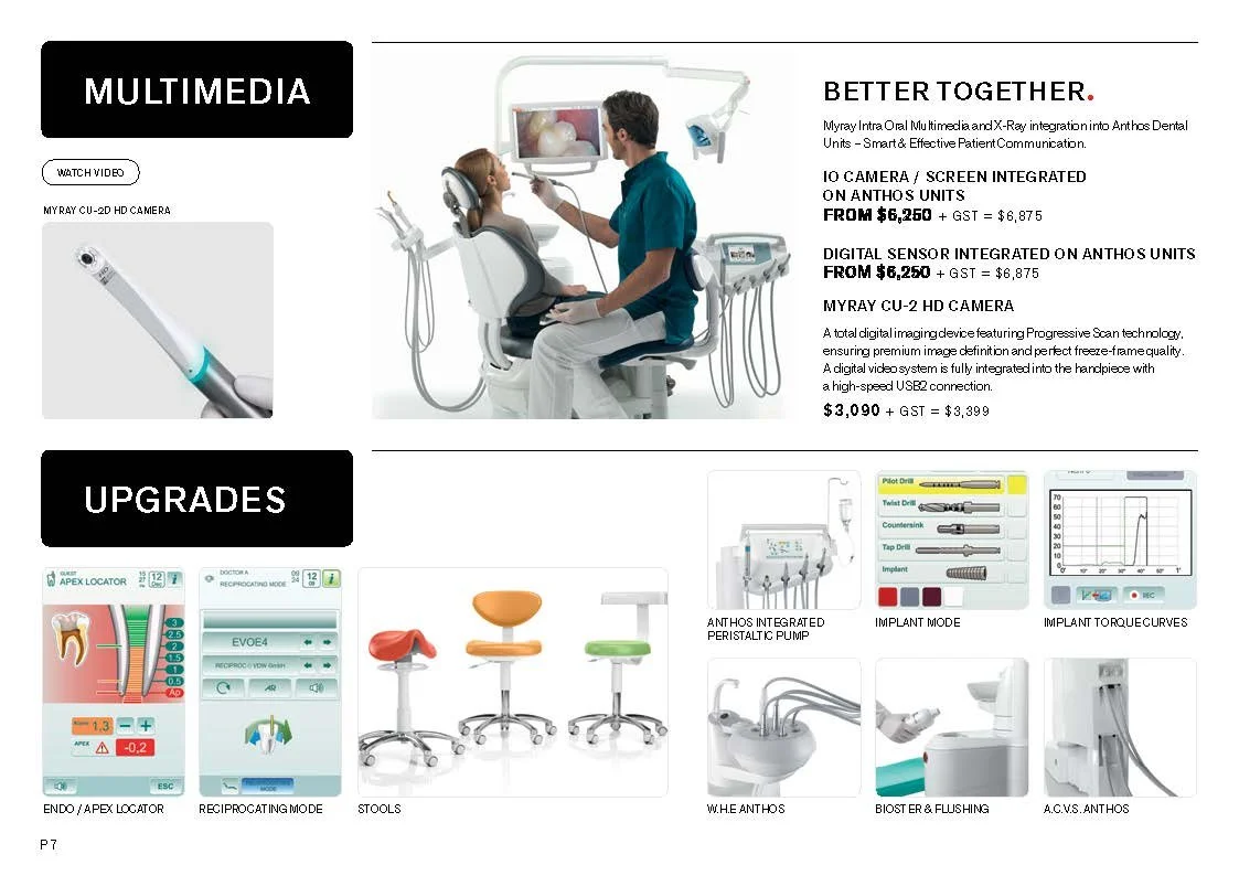 Dental equipment brochure showcasing multimedia and upgrade options, including a dental chair with a screen, MyRay camera, and integrated tools.