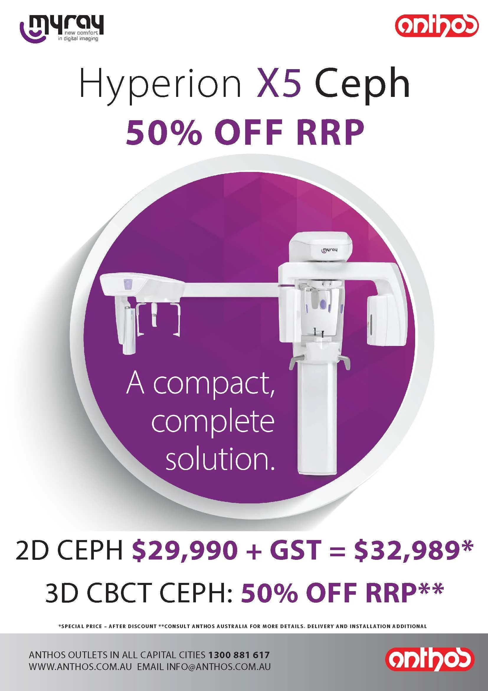 Advertisement for Hyperion X5 Ceph dental equipment by Anthos, offering 50% off recommended retail price, featuring a white dental imaging device on a purple background with pricing details and company contact information.