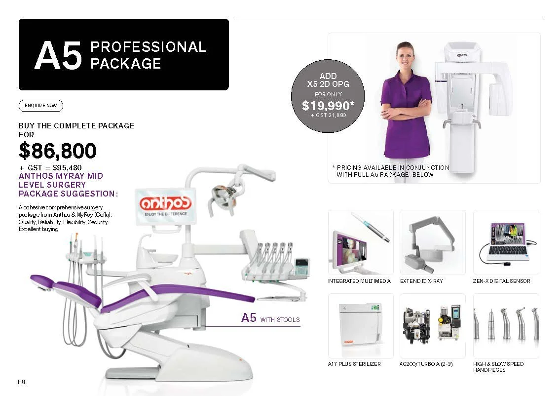 Dental equipment package offer, featuring A5 professional package with dental chair, integrated multimedia, X-ray extensions, digital sensor, sterilizer, and handpieces. Includes pricing and additional 2D OPG offer. Model in purple uniform.