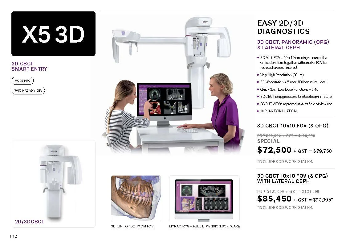 Promotional image for X5 3D CBCT dental imaging equipment. Features include easy 2D/3D diagnostics, panoramic and lateral cephalometric capabilities, high resolution, and implant simulation. Two people review dental scans on a computer. Special prici
