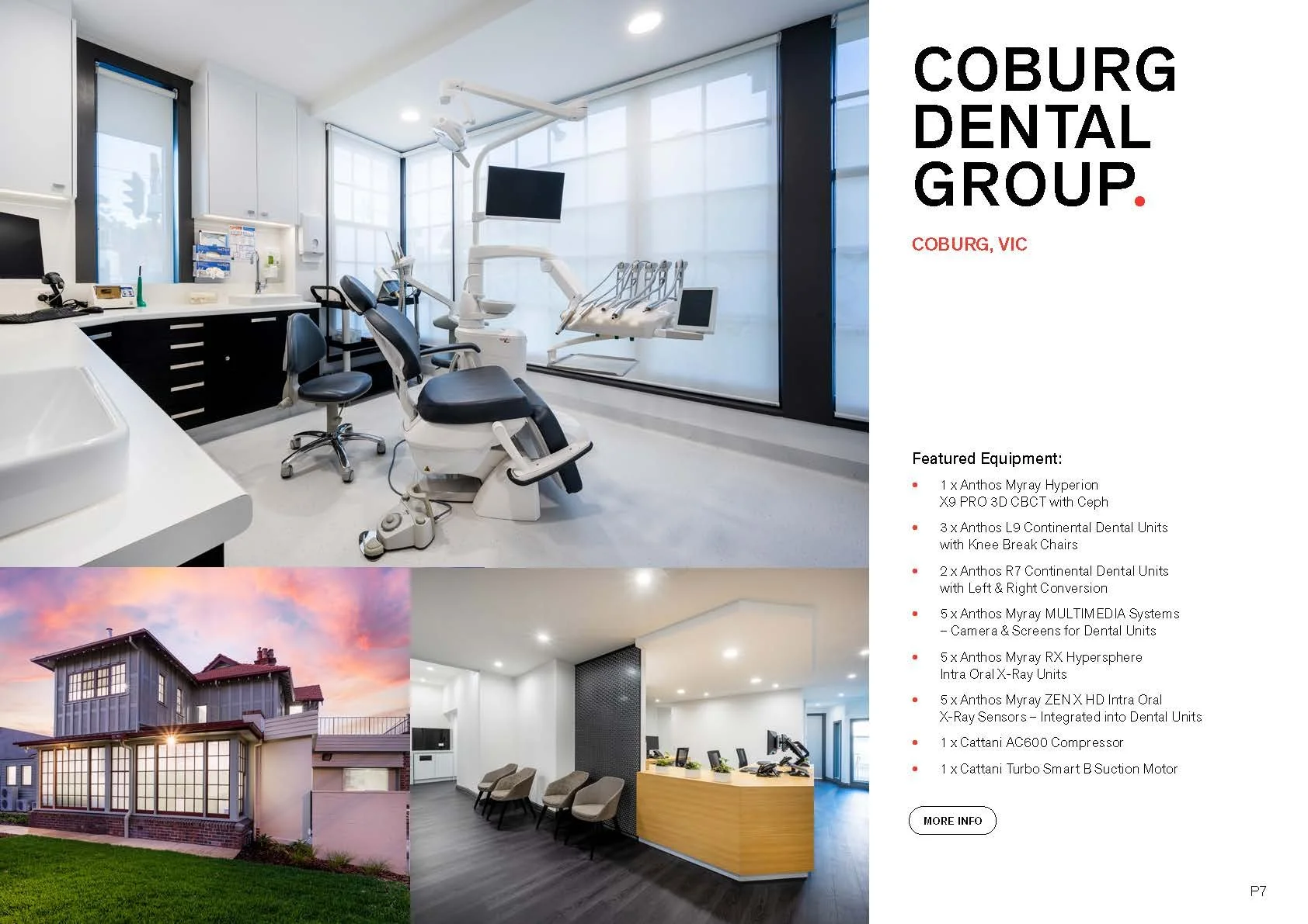 The image shows a dental clinic, including an examination room with dental chairs and modern equipment, the exterior of a house during sunset, and a reception area with chairs for patients.