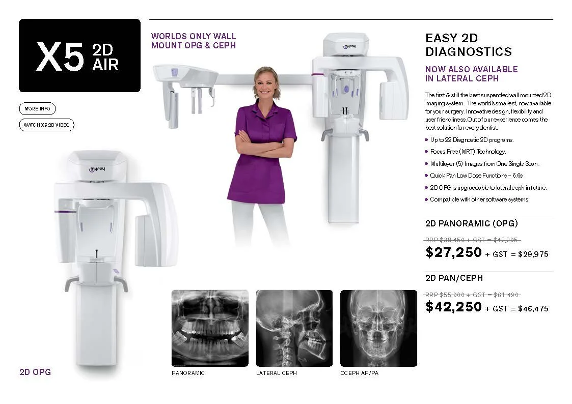 Advertisement for X5 2D Air dental imaging machine, featuring wall-mount OPG & Ceph. Includes a photo of the machine, a woman in purple scrubs, features, pricing, and sample dental X-ray images.