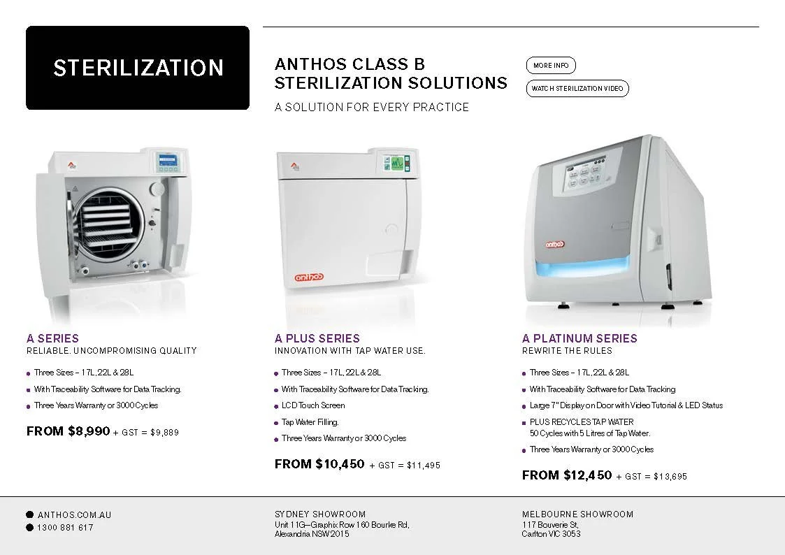 Anthos sterilization advertisement featuring three models: A Series, A Plus Series, and A Platinum Series. Details include sizes, features like traceability software and warranties, and pricing starting from $8,990. Contact and showroom information f