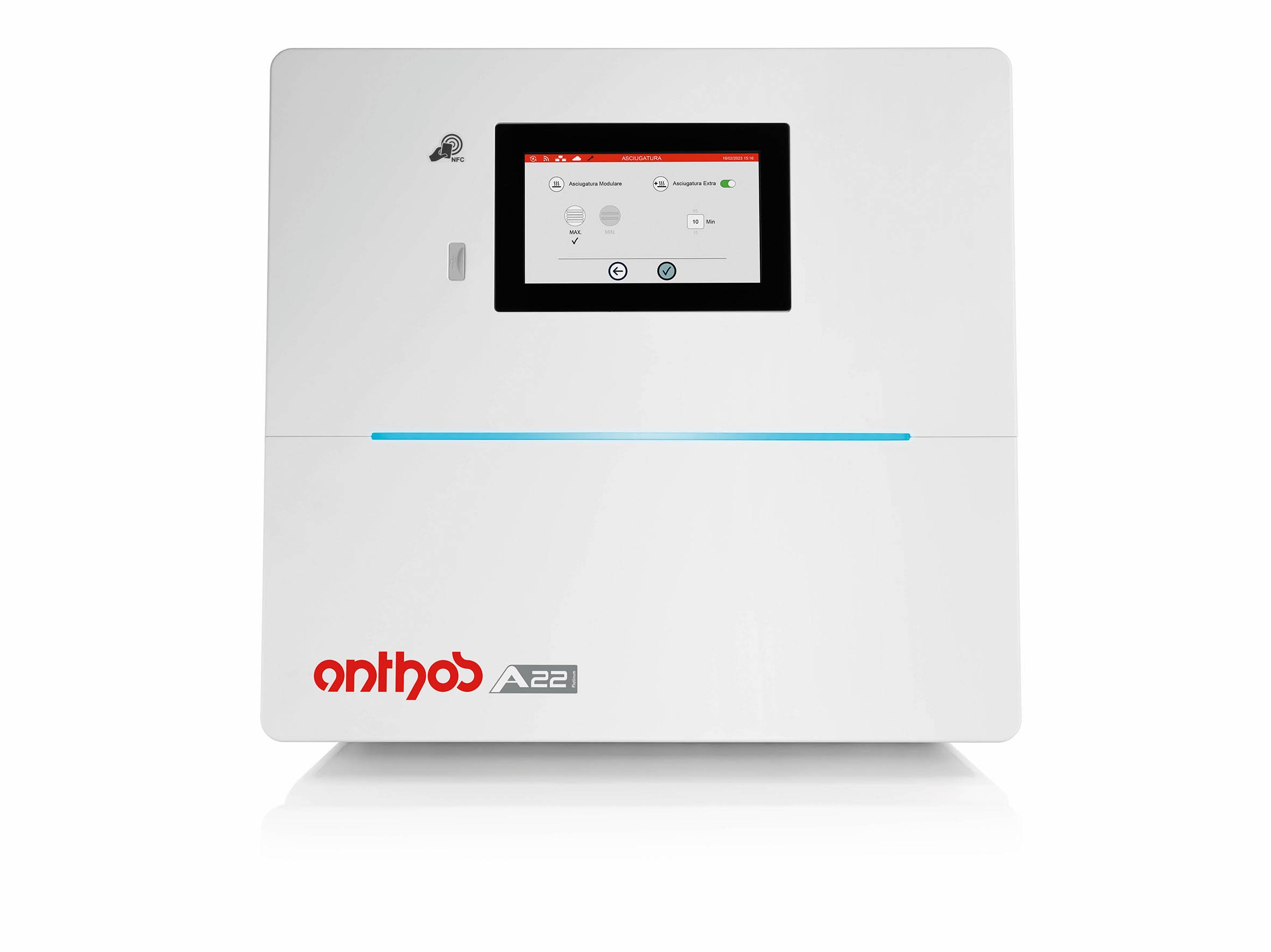 A white medical or laboratory device with a touchscreen display and a blue indicator line, branded with red and black text reading 'anthos A22'.