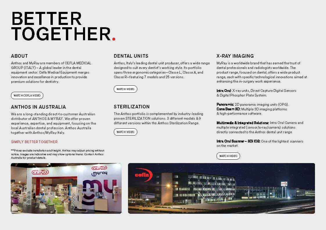 Promotional material for Anthos and MyRay dental equipment, detailing dental units, sterilization, and x-ray imaging. Includes text about their distribution in Australia and images of product displays.