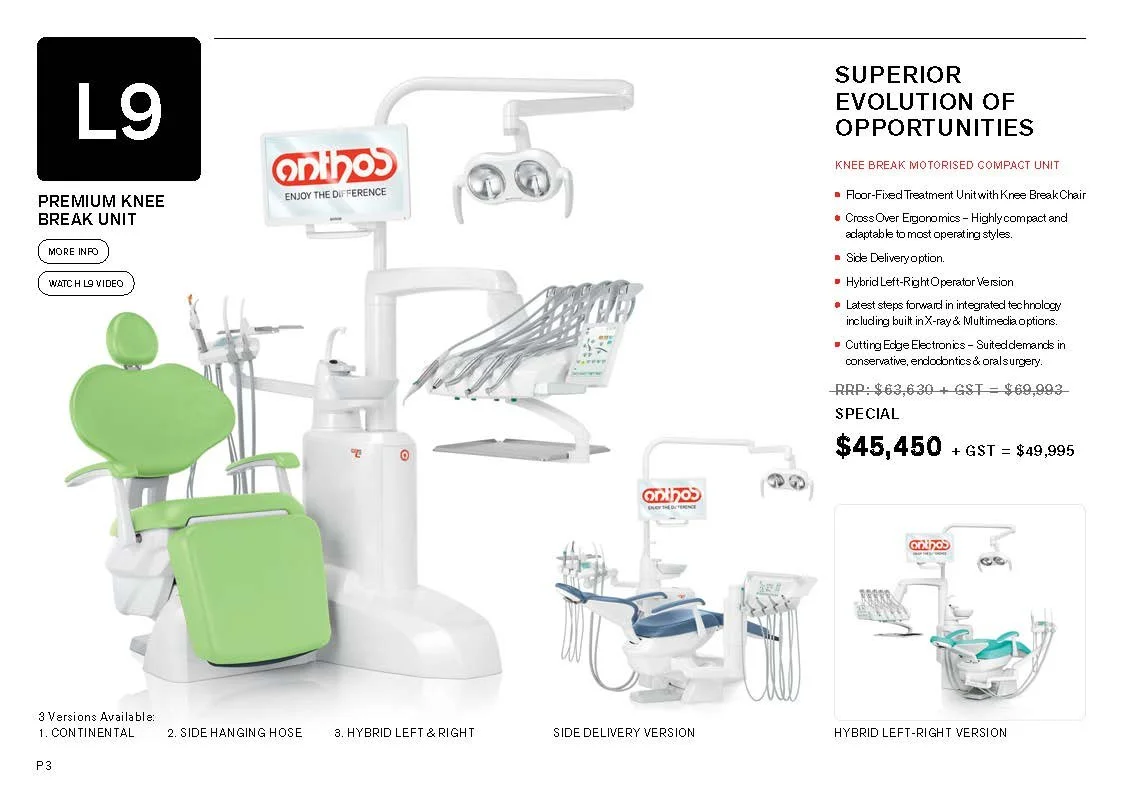Dental chair model L9 brochure highlighting features like knee break design, floor-fixed unit, and side delivery option at a special price of $45,450.