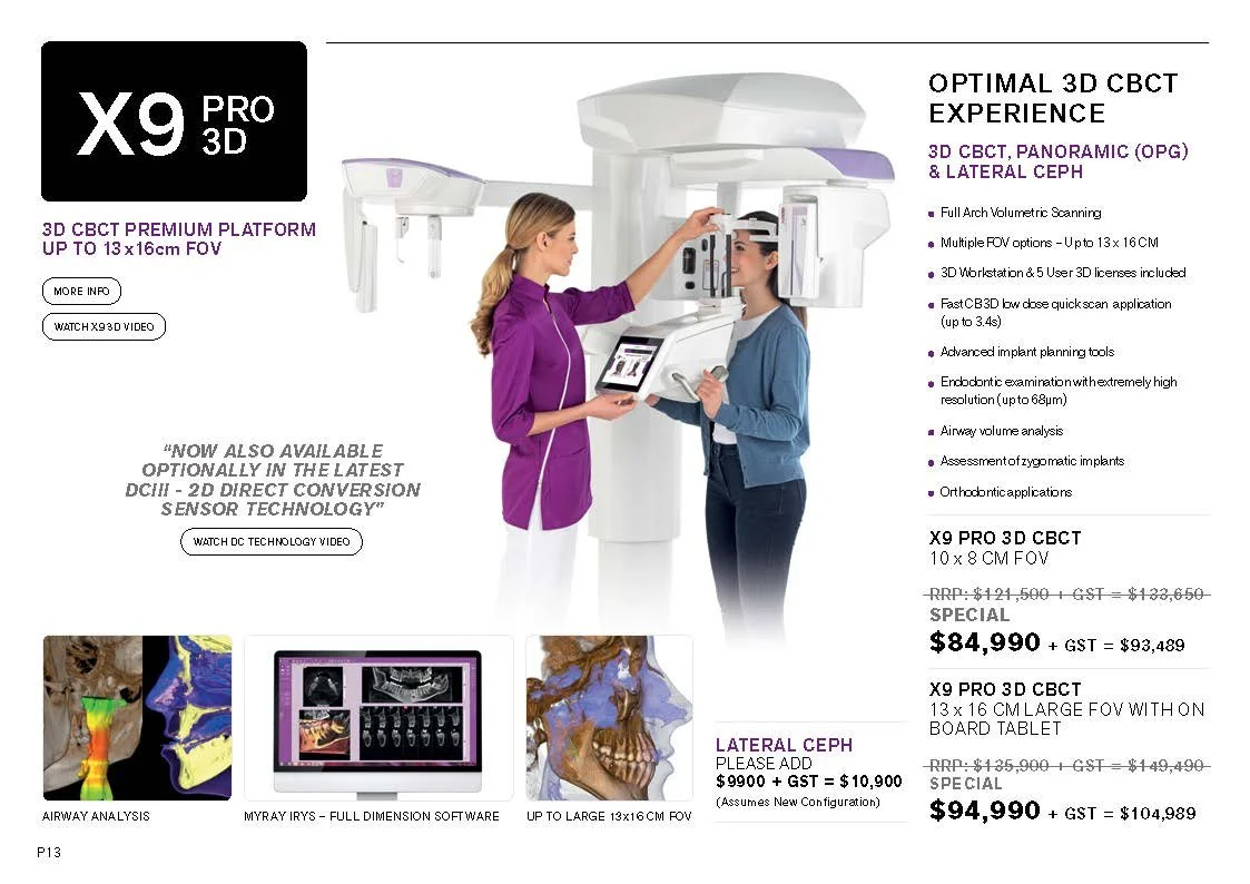 Promotional image showcasing the X9 Pro 3D CBCT, a dental imaging device with features like full arch volumetric scanning and advanced implant planning tools. Includes images of software displays and airway analysis, with pricing and specifications d