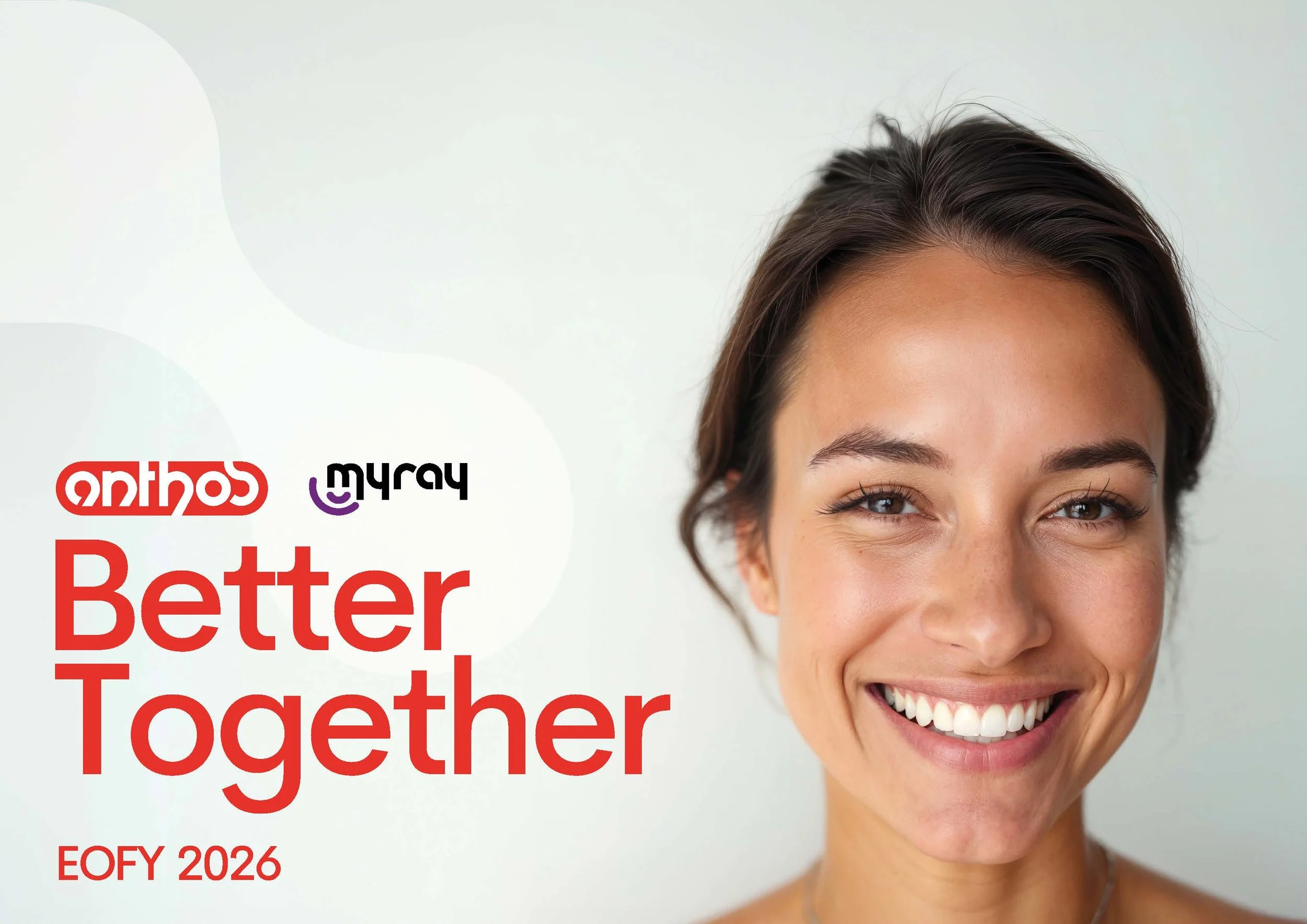 Close-up of a smiling woman with short dark hair, white teeth, and a radiant smile. Text on the image includes 'anthos', 'murray', 'Better', 'Together', 'EOFY 2026'.