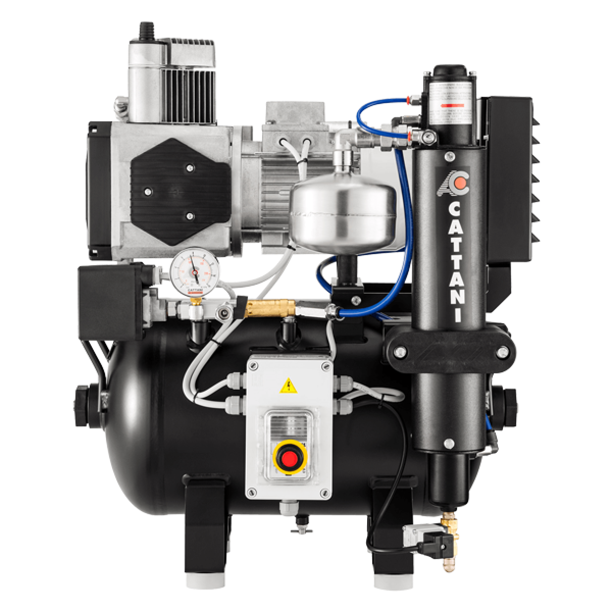 Compressed air system with motor, compressor, gauges, and piping labeled with the brand 'CATTANI'.