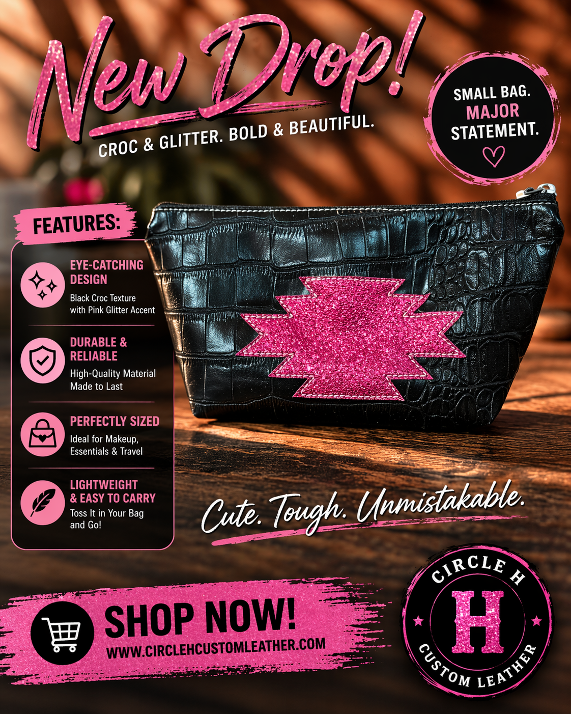 Circle H Hot Pink Aztec Croc Cosmetic Bag