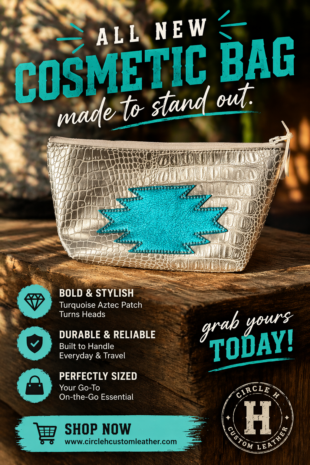Circle H Turquoise Aztec Croc Cosmetic Bag