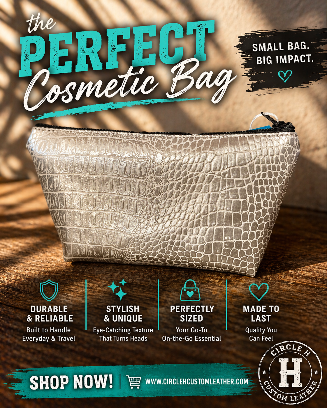 Circle H Ivory Croc Cosmetic Bag