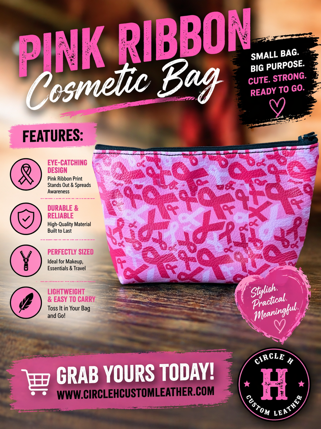 Circle H Pink Ribbon Cosmetic Bag
