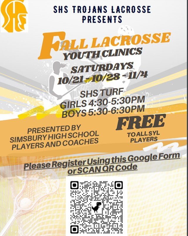 Calling ALL youth Lacrosse Players. Come play lacrosse with High School Players and Coaches, have fun and learn more skills.  Clinics are for all youth girls and boys. 
Dates are Oct 21, 28 and Nov 4. 
Girls 4:30-5:30
Boys 5:30-6:30

Register Now!! R