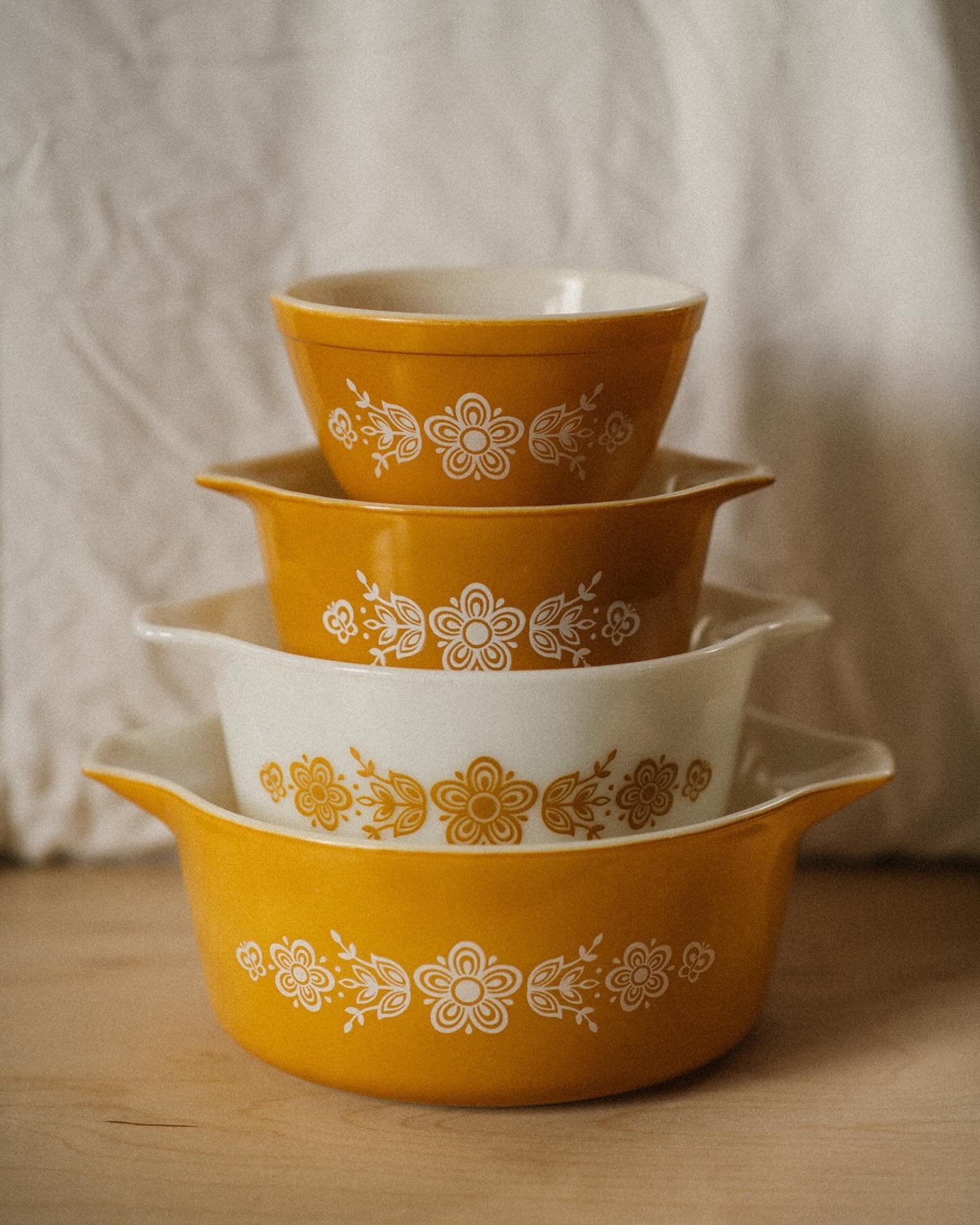 We have a fresh batch of Butterfly Gold Pyrex in the shop! Three casserole dishes and two small mixing bowls are available.

Butterfly Gold is my favorite pattern (I have a Cinderella set and a couple random casserole dishes!)&mdash;it&rsquo;s a perf