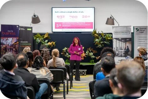 One of the small business owners, Mia, pitching at the Eastern Innovation Pitch Night 2026