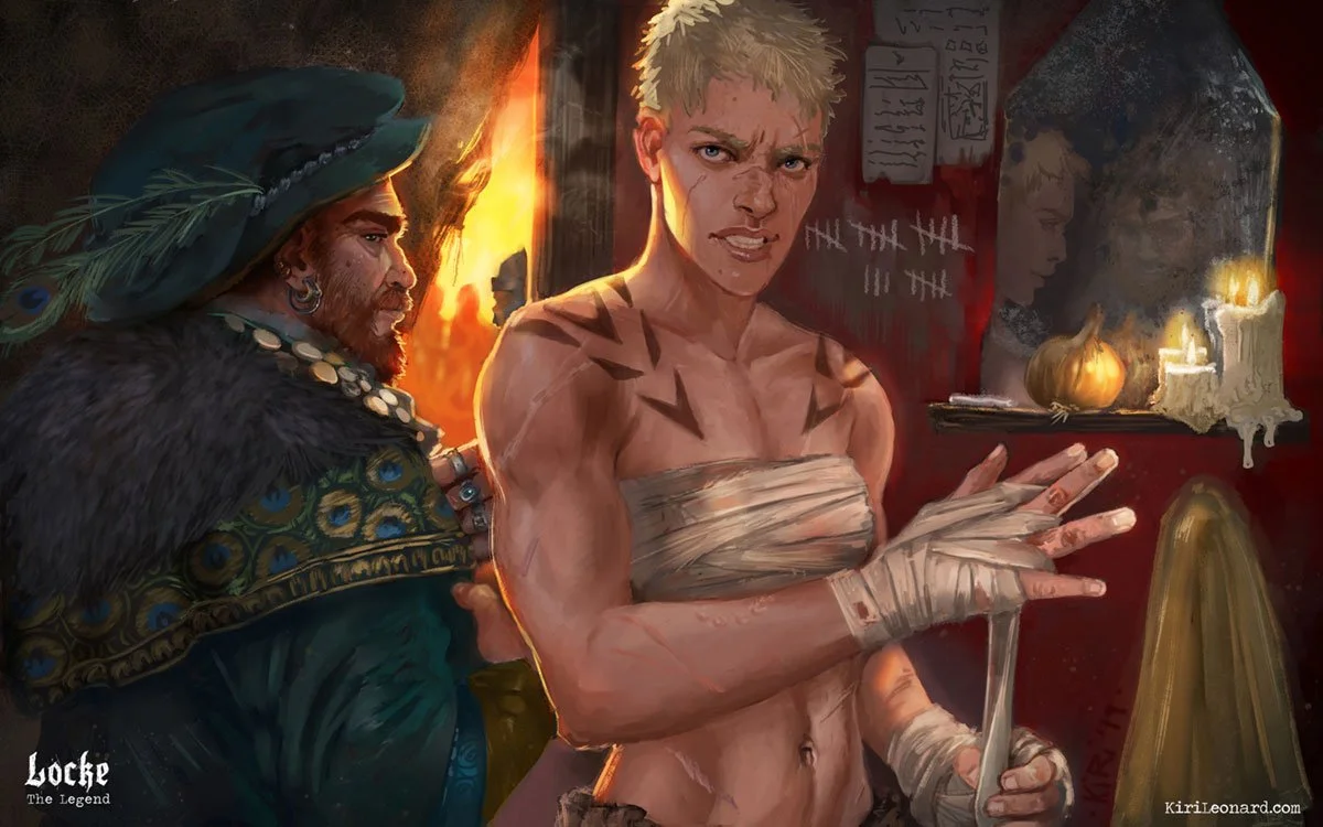A fantasy scene featuring a fierce, shirtless woman with short blonde hair, bandages on her arms, and tattoos on her body, standing in front of a mirror with candles. To her left, a character in elaborate clothing with a large hat decorated with peac