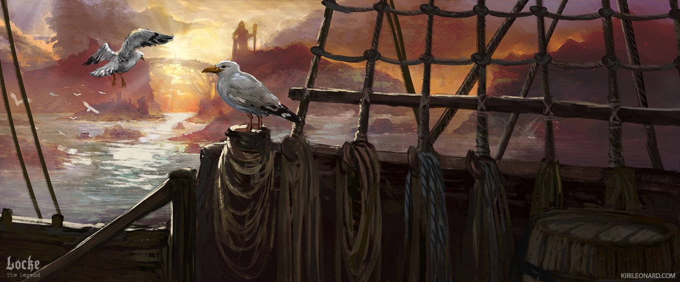 Painting of a seascape viewed from a ship's deck during sunset. Two seagulls are perched on the ship's railing, with one in flight. The background features a dramatic sky with clouds and a distant ship visible on the horizon.