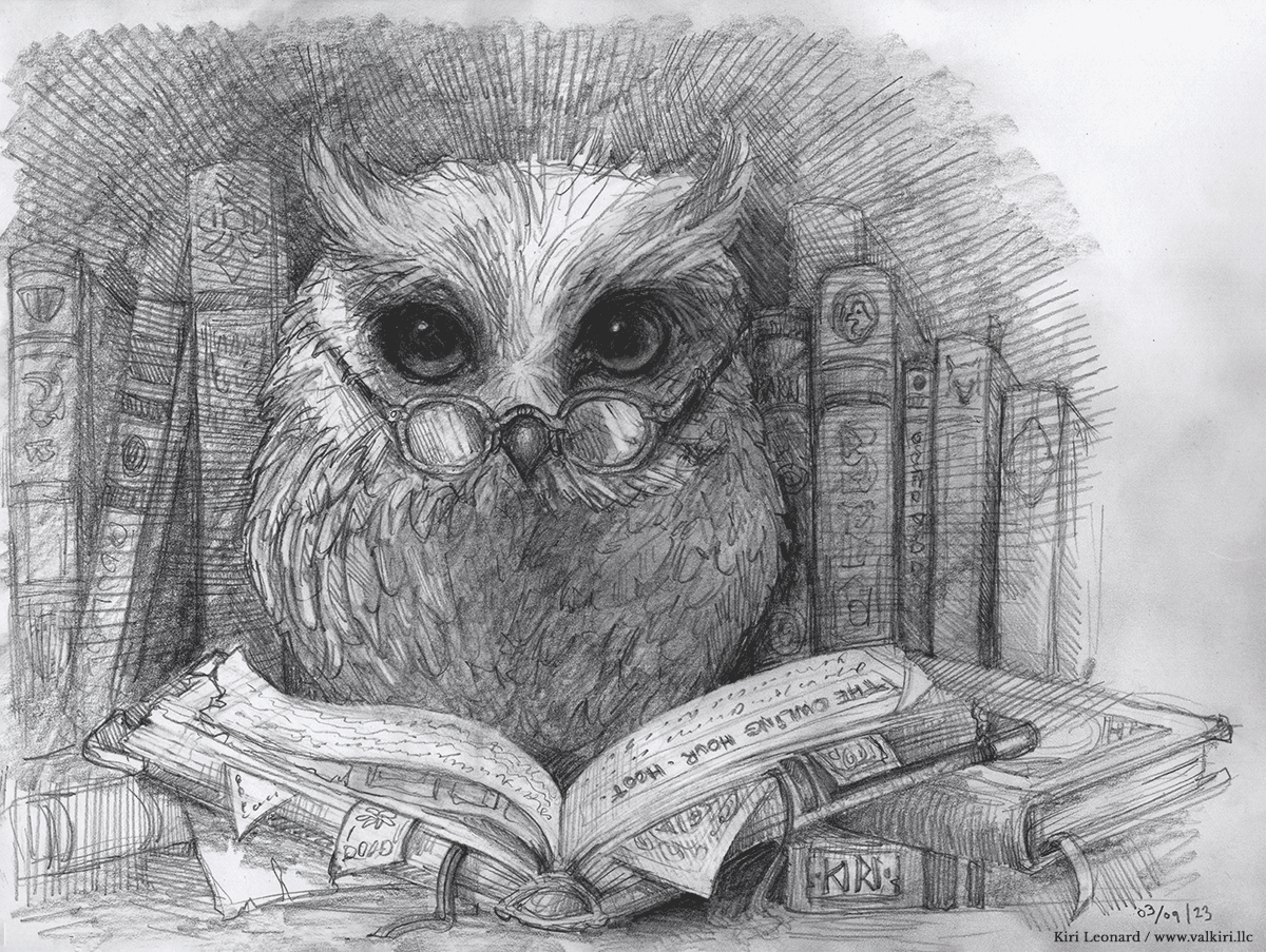 A detailed pencil sketch of an owl with glasses, surrounded by a row of books.