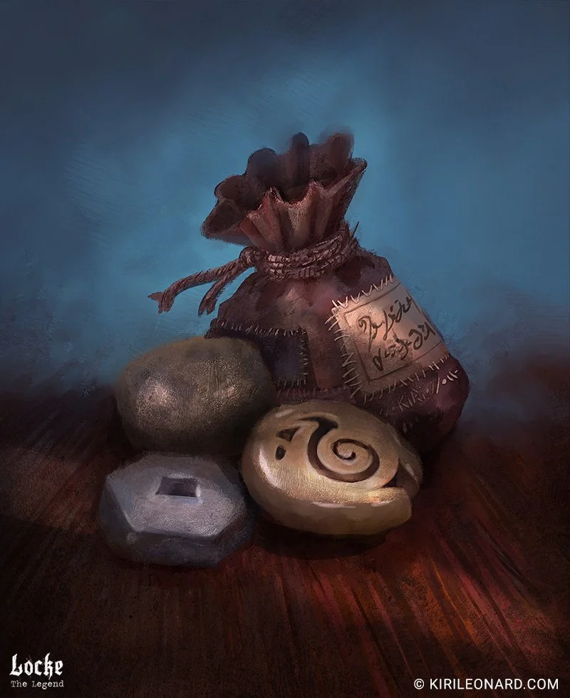 A painting of a drawstring bag, a metallic stone, a small gray hexagonal stone, and a carved spiral shell, set against a dark background.