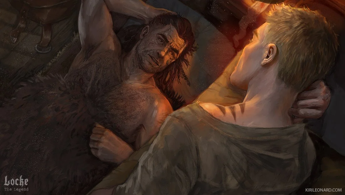 A man with long dark hair and a beard lying in bed, looking at a young boy with blond hair, who is also lying in bed. The man appears emotional, and the setting suggests a close, intimate moment.